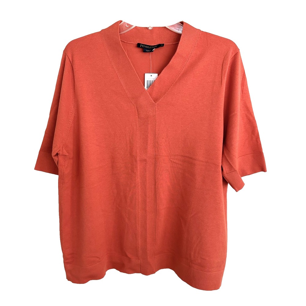 Pendleton Sweater Women XL Orange V Neck Silk Blend Short Sleeve Pullover NWT
